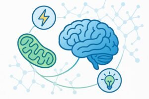 Infographic illustration of Acetyl-L-Carnitine linking brain, mitochondria, and energy for health.