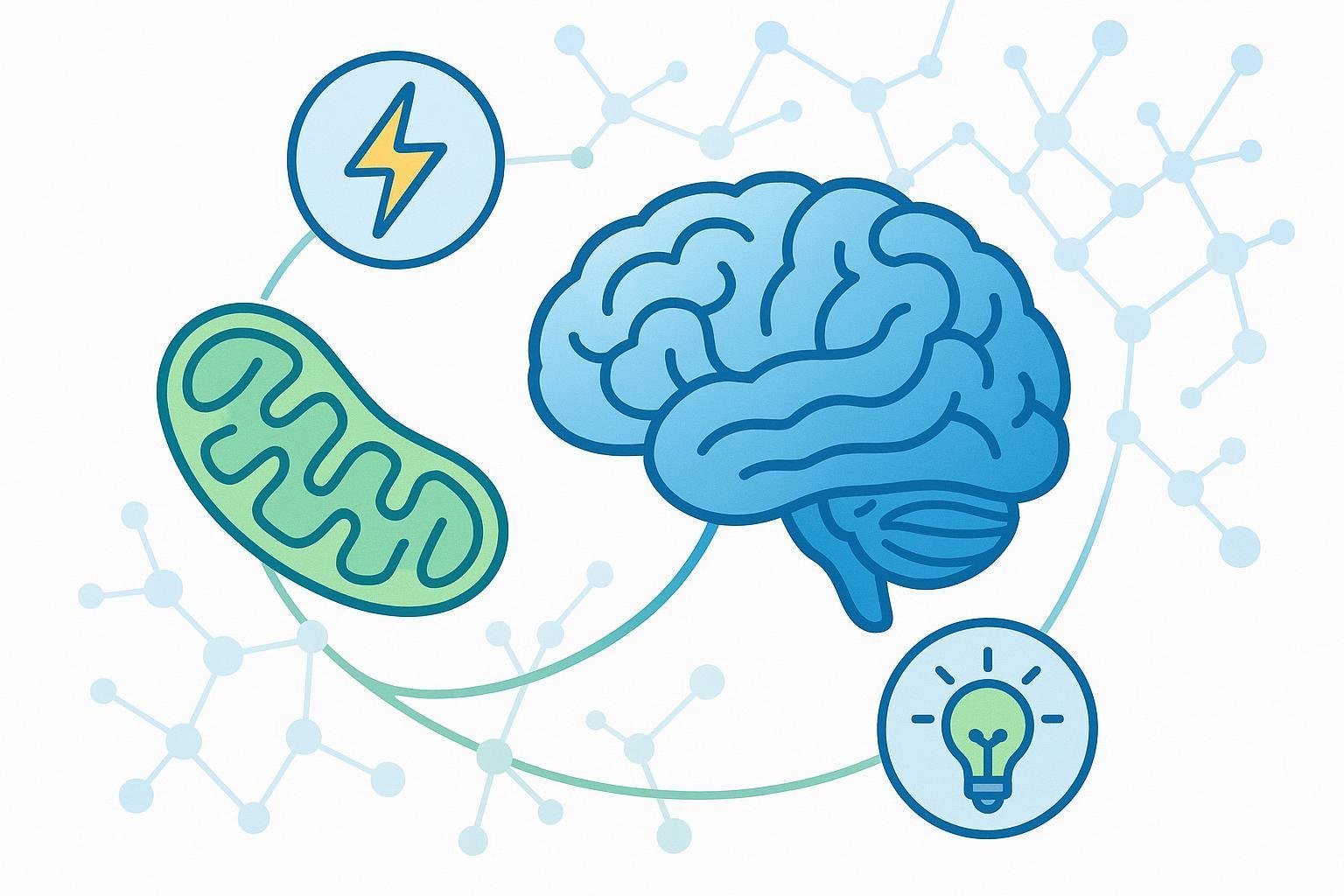 Infographic illustration of Acetyl-L-Carnitine linking brain, mitochondria, and energy for health.