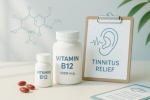 Vitamin B12 supplement with ear symbol for tinnitus FAQ cover image