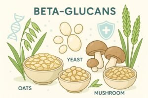 Sources of beta-glucans: oats, barley, yeast, and mushrooms in a science-themed arrangement.