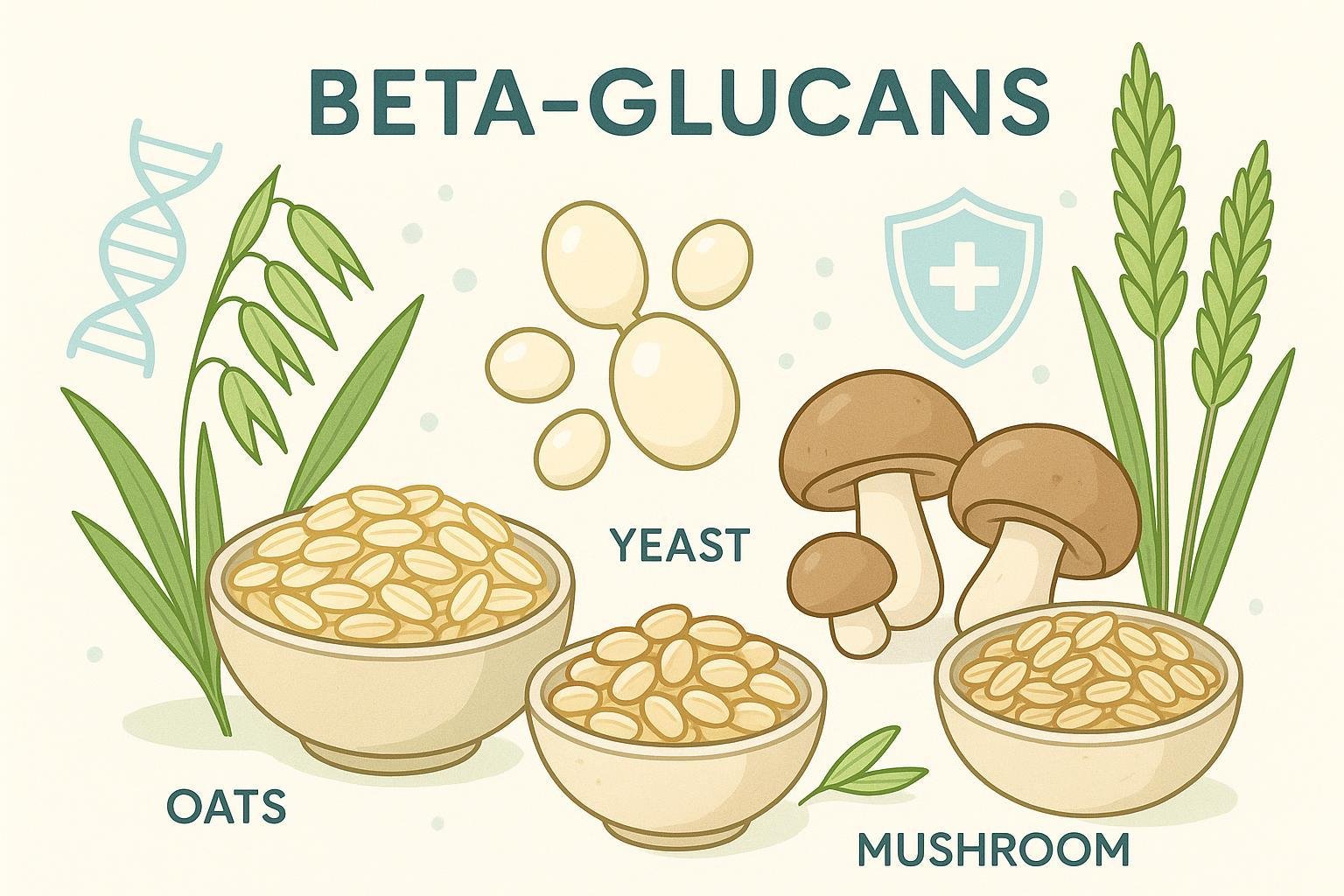 Sources of beta-glucans: oats, barley, yeast, and mushrooms in a science-themed arrangement.