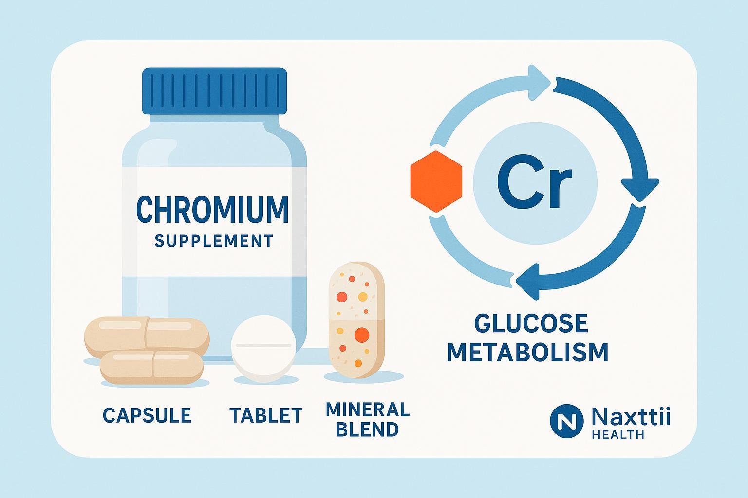 Chromium supplement infographic showing forms and metabolic action, Naxttii Health branding.