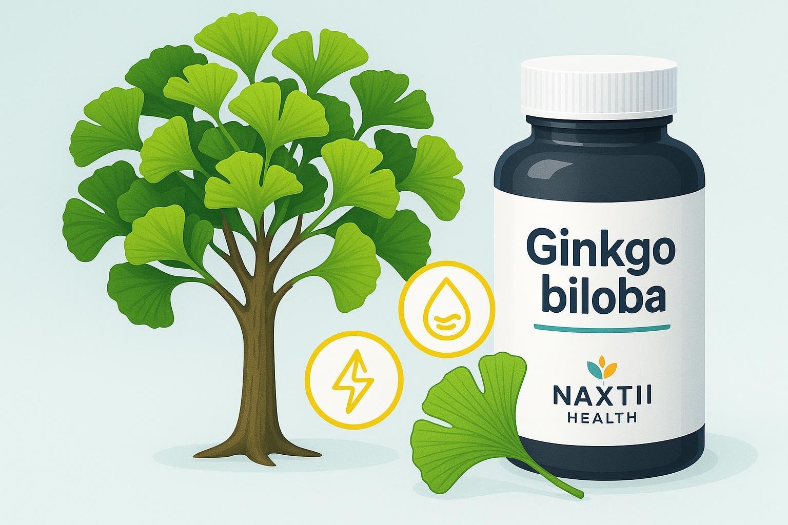 Ginkgo biloba tree with supplement bottle and icons for brain health, circulation, and Naxttii Health branding