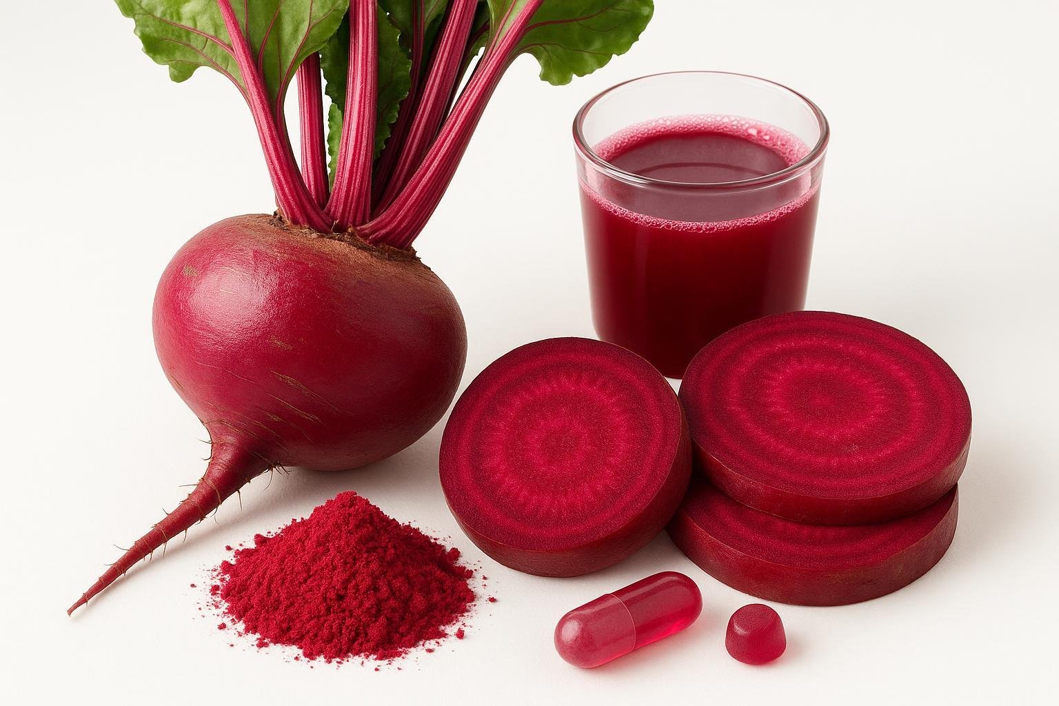 Beetroot, beet powder, and beet juice arranged with capsules, representing health and nutritional supplements.