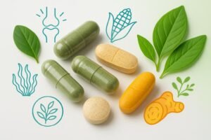Vegan joint supplement alternatives: plant-based capsules, herbs, turmeric, green leaves, joint icons, and scientific purity.