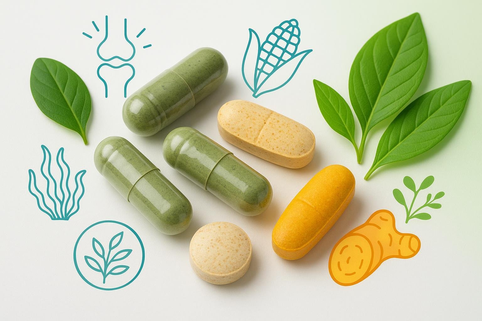 Vegan joint supplement alternatives: plant-based capsules, herbs, turmeric, green leaves, joint icons, and scientific purity.