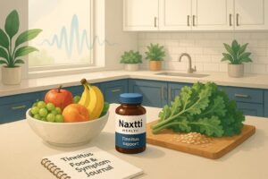Healthy kitchen counter with fruits, greens, grains, sound wave motifs, and Naxttii Health supplement bottle, symbolizing nutrition for tinnitus management.