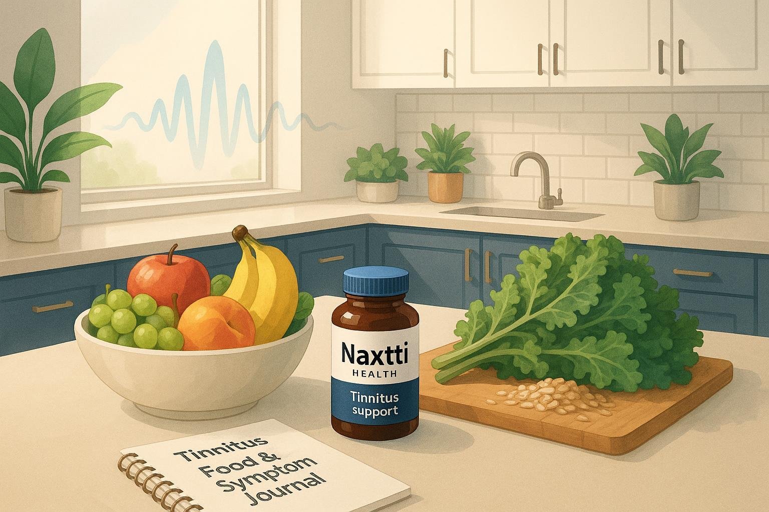 Healthy kitchen counter with fruits, greens, grains, sound wave motifs, and Naxttii Health supplement bottle, symbolizing nutrition for tinnitus management.