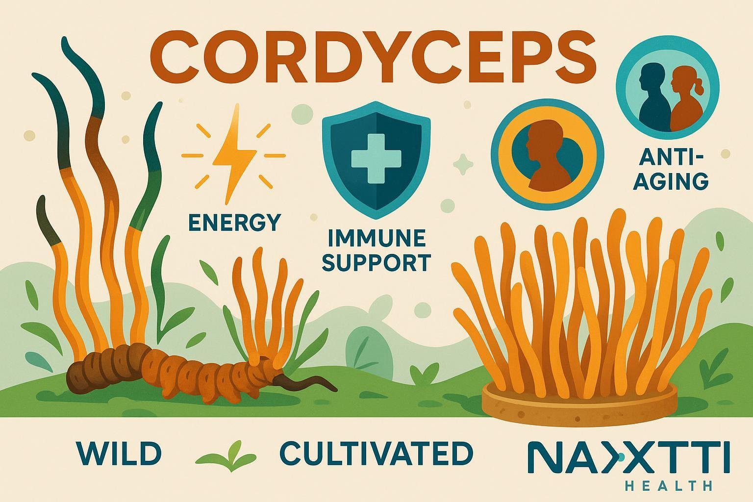 Cordyceps mushrooms cover image showing wild and cultivated types with wellness benefit icons