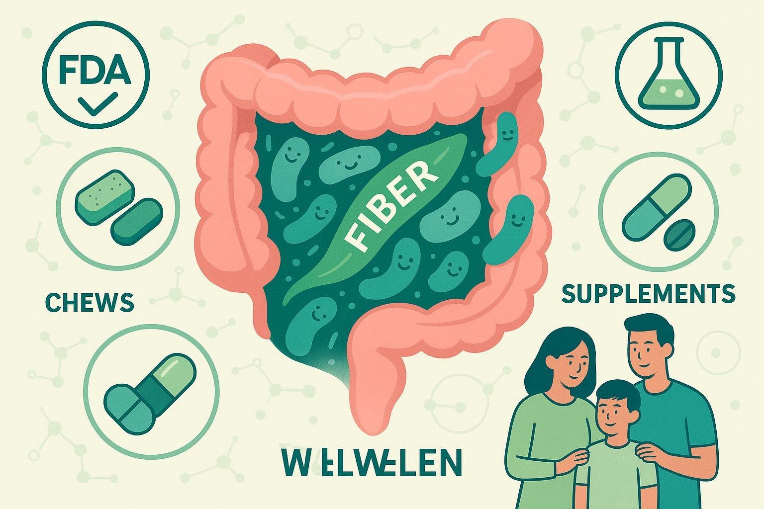 Illustration of dietary fiber (GOS) promoting gut health, with supplement icons and a family for daily wellness.