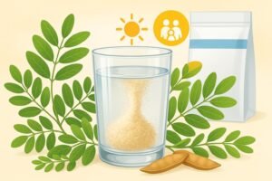 Acacia fiber supplement in water, acacia tree, family health, and wellness theme