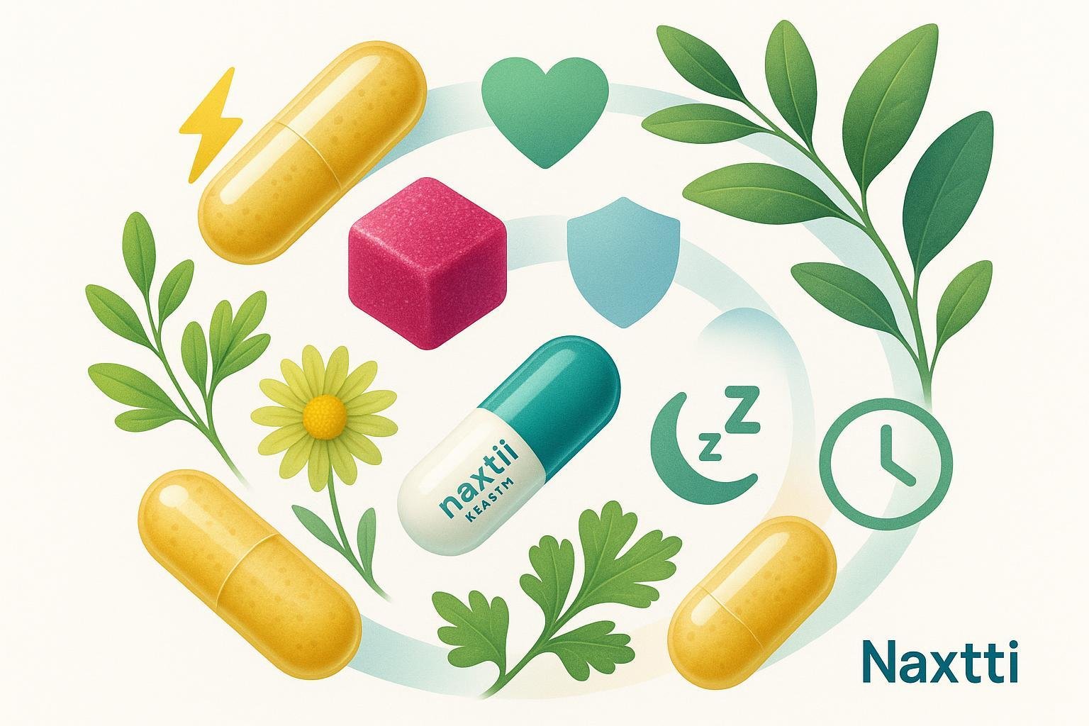 Visual cover for Naxttii Health FAQs: capsules, gummies, botanicals with timeline symbols and wellness icons.