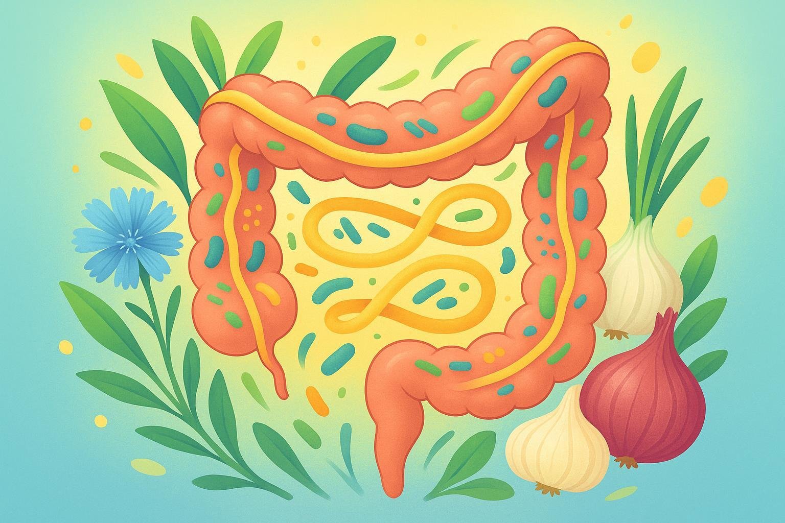 Illustration of how FOS (Fructooligosaccharides) support gut health as a prebiotic fiber.