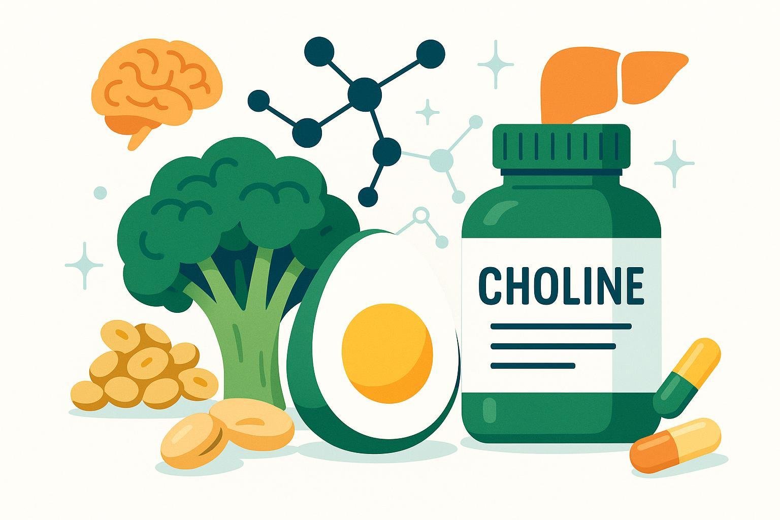 Choline-rich foods and supplements with health and brain icons