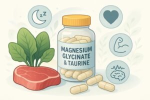 Magnesium glycinate and taurine supplements with health icons and natural ingredients