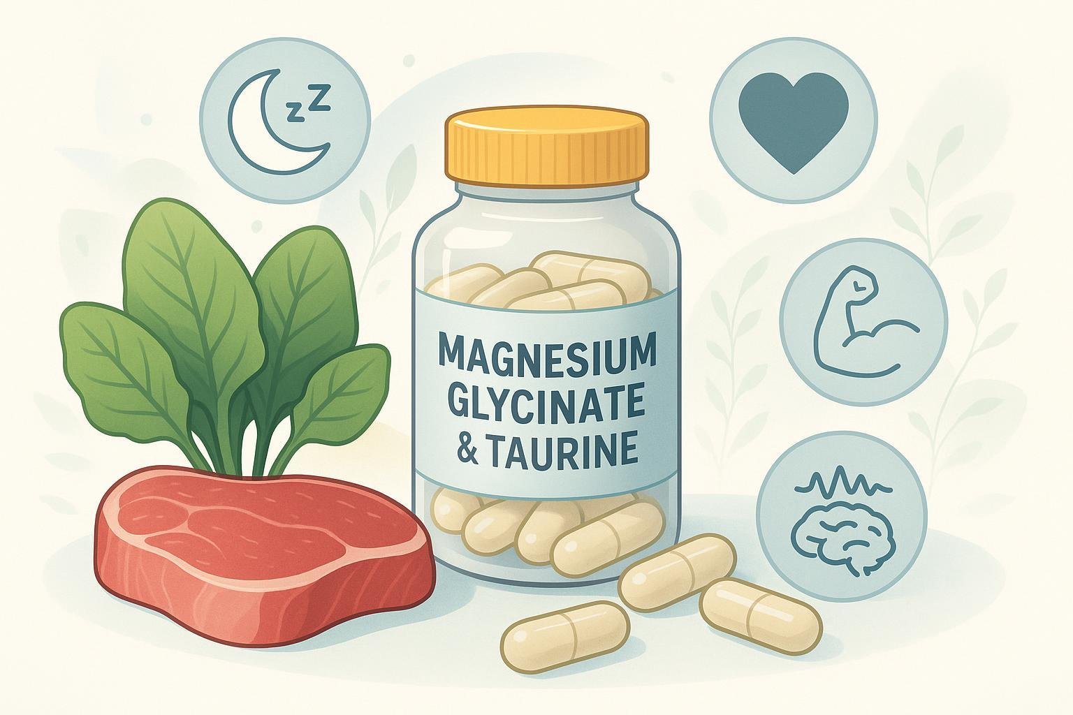 Magnesium glycinate and taurine supplements with health icons and natural ingredients