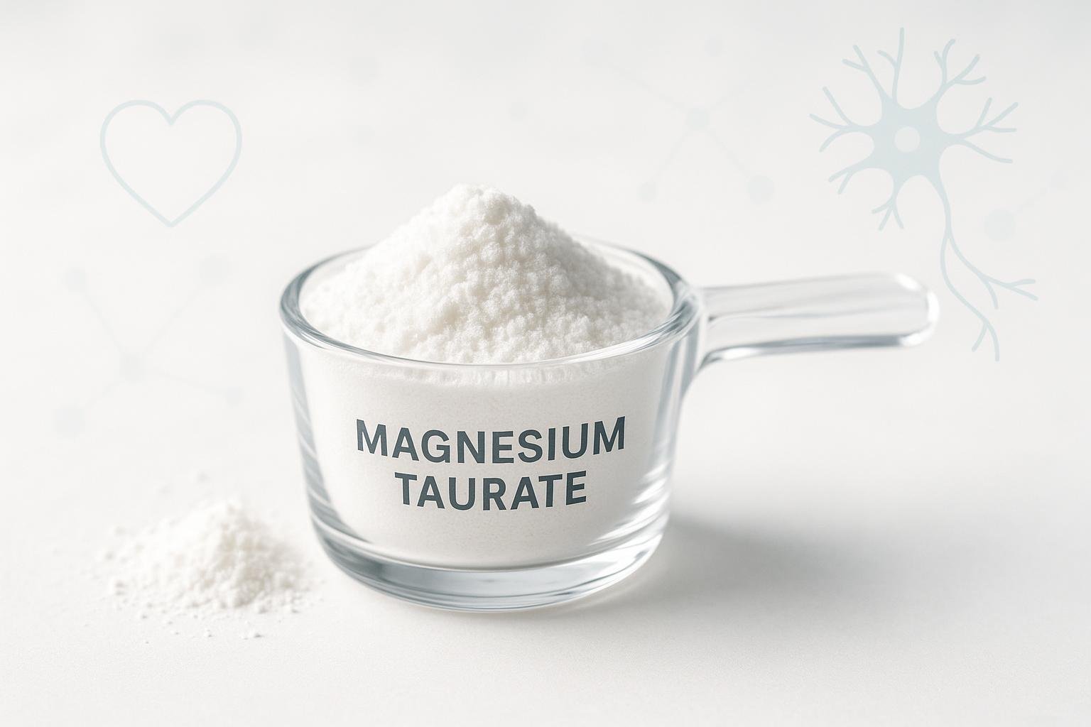 Magnesium taurate powder in a scoop with heart and sleep icons