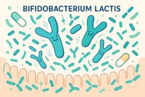 Illustration of Bifidobacterium lactis benefiting the human gut in a modern, friendly infographic style