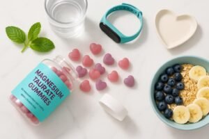 Magnesium taurate gummies bottle on a countertop surrounded by health and wellness items