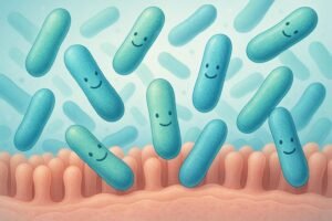 Bifidobacterium longum probiotics in the gut, artistic medical illustration