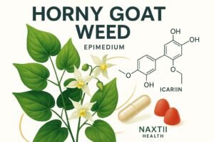 Horny Goat Weed (Epimedium) plant with icariin molecular diagram and supplement capsules, styled for Naxttii Health
