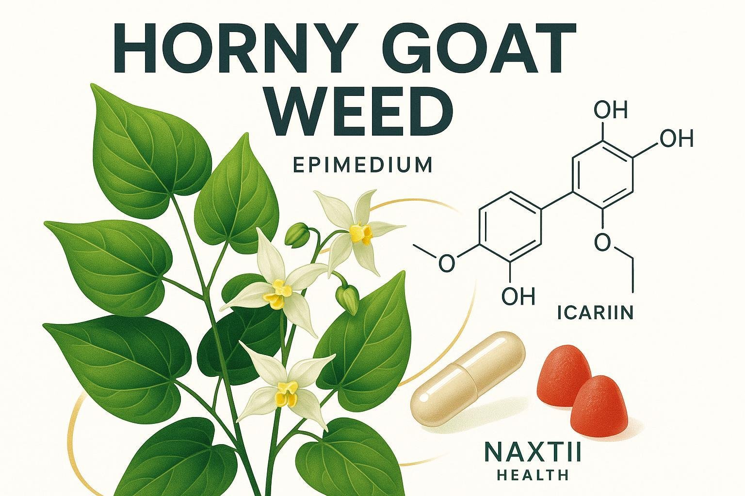 Horny Goat Weed (Epimedium) plant with icariin molecular diagram and supplement capsules, styled for Naxttii Health