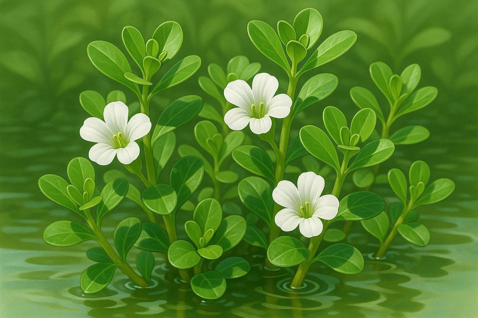 Bacopa monnieri (Waterhyssop) plant close-up with green leaves and white flowers in aquatic habitat