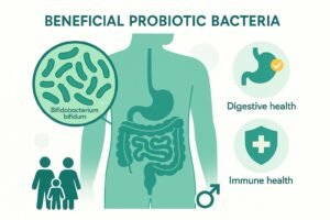Illustration of Bifidobacterium bifidum and gut health benefits for families and men