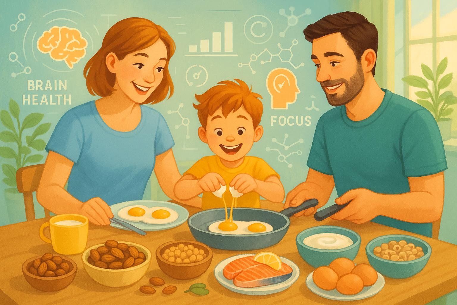Family preparing a protein-rich breakfast with visual references to brain health and ADHD nutrition
