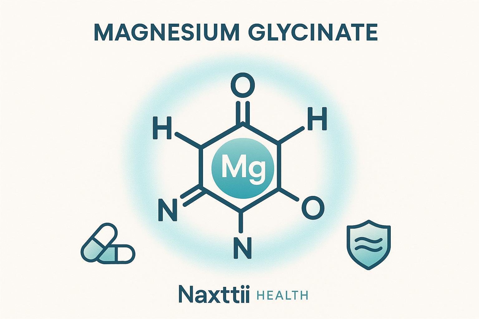 Chelated magnesium glycinate buffered explained visually: molecule with glycine and buffering shield