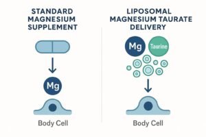 Illustration comparing standard magnesium supplement absorption versus liposomal magnesium taurate delivery system.