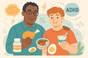Beginner’s Guide cover: ADHD nutrition for adults and teens, with friendly faces, protein foods, supplements, and brain icons.