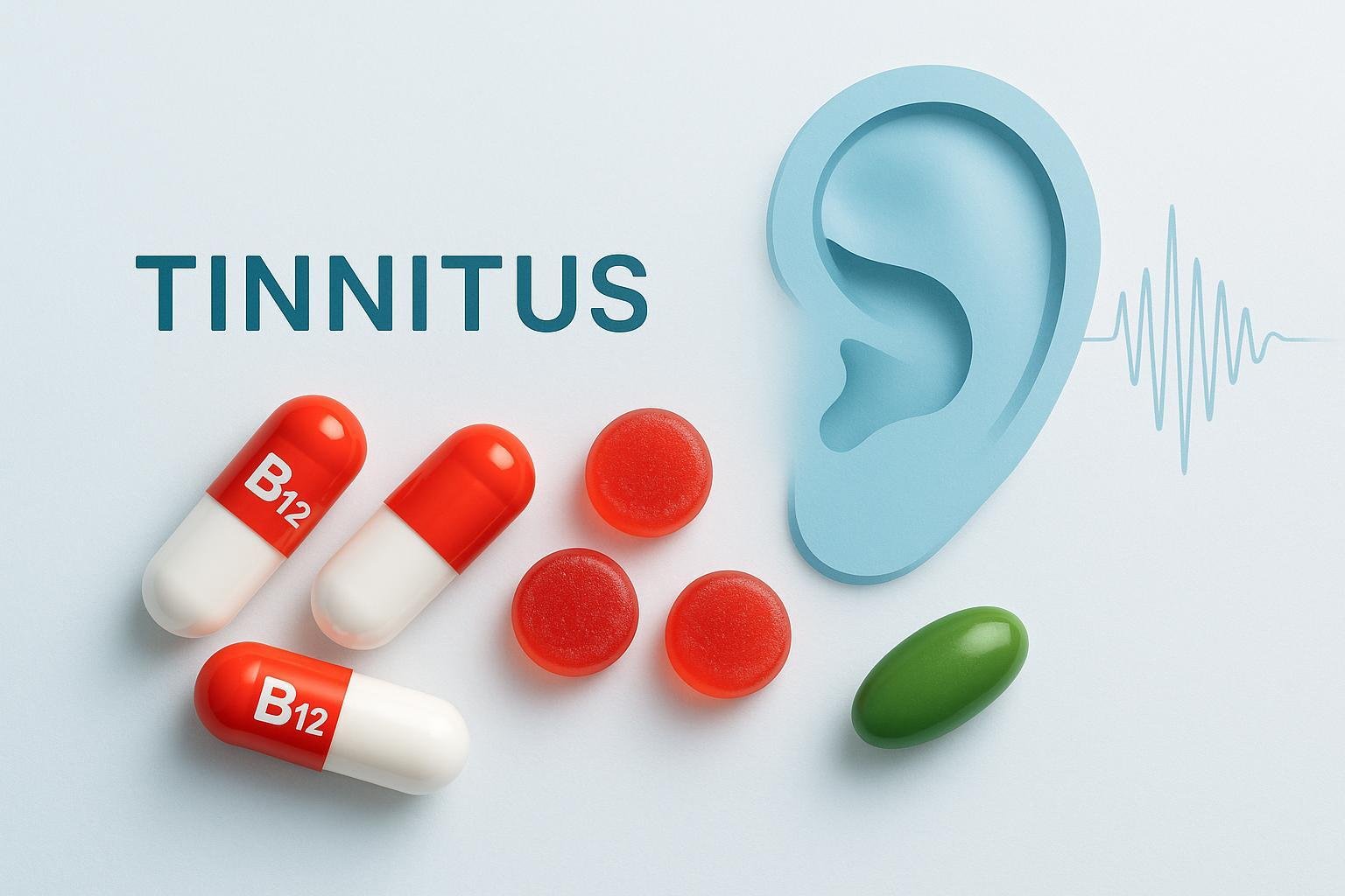 Cover image depicting B12 supplements and an ear with sound waves symbolizing tinnitus relief.