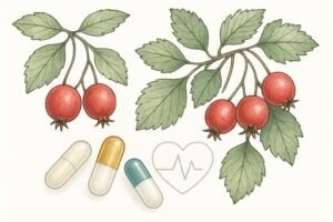 Hawthorn berries, leaves, and heart health-themed supplements in a modern, clean illustration.