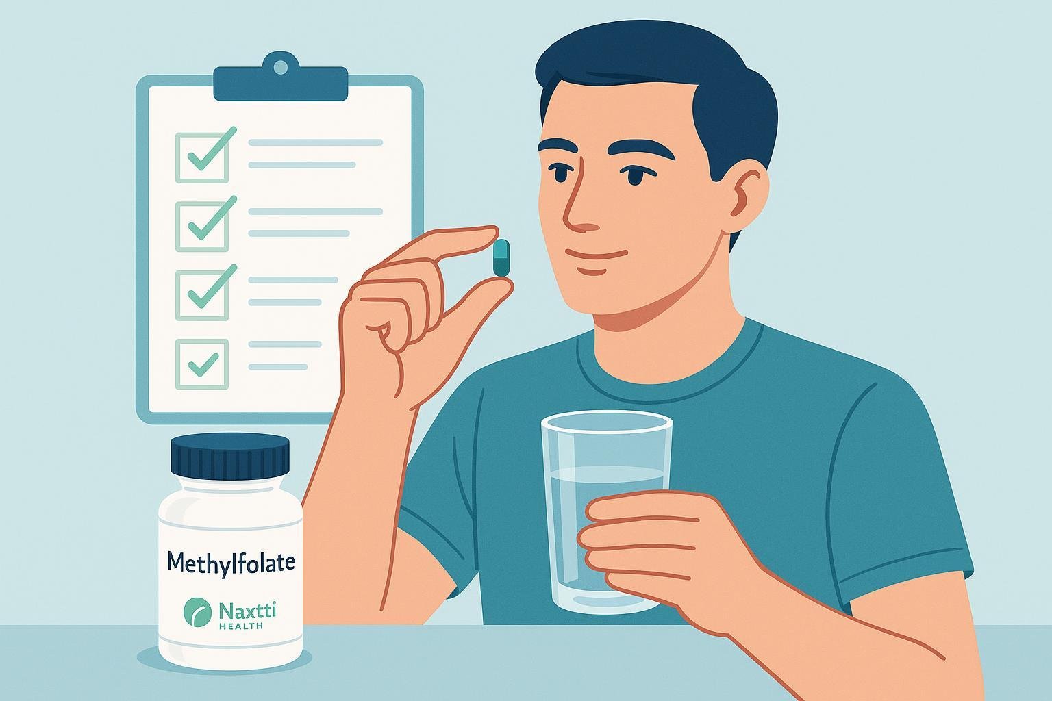 How to take methylfolate – step-by-step supplement intake illustration with Naxttii Health branding