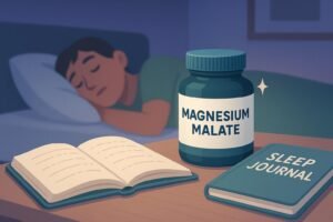 Cover illustration of magnesium malate for sleep: supplement bottle, sleep journal, and sleeping person signaling restful, science-backed sleep support.