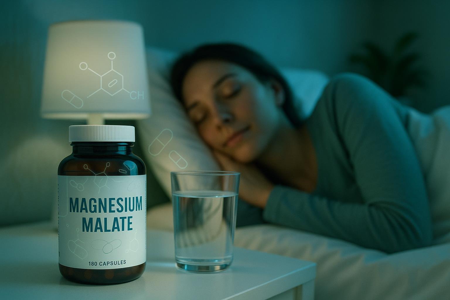 Magnesium Malate supplement for sleep - cover illustration showing calming bedtime atmosphere.