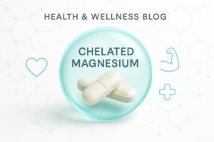 Chelated magnesium supplement with molecular structure visual, emphasizing absorption.