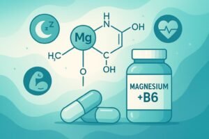 Magnesium chelate molecular diagram alongside health supplement and wellness icons