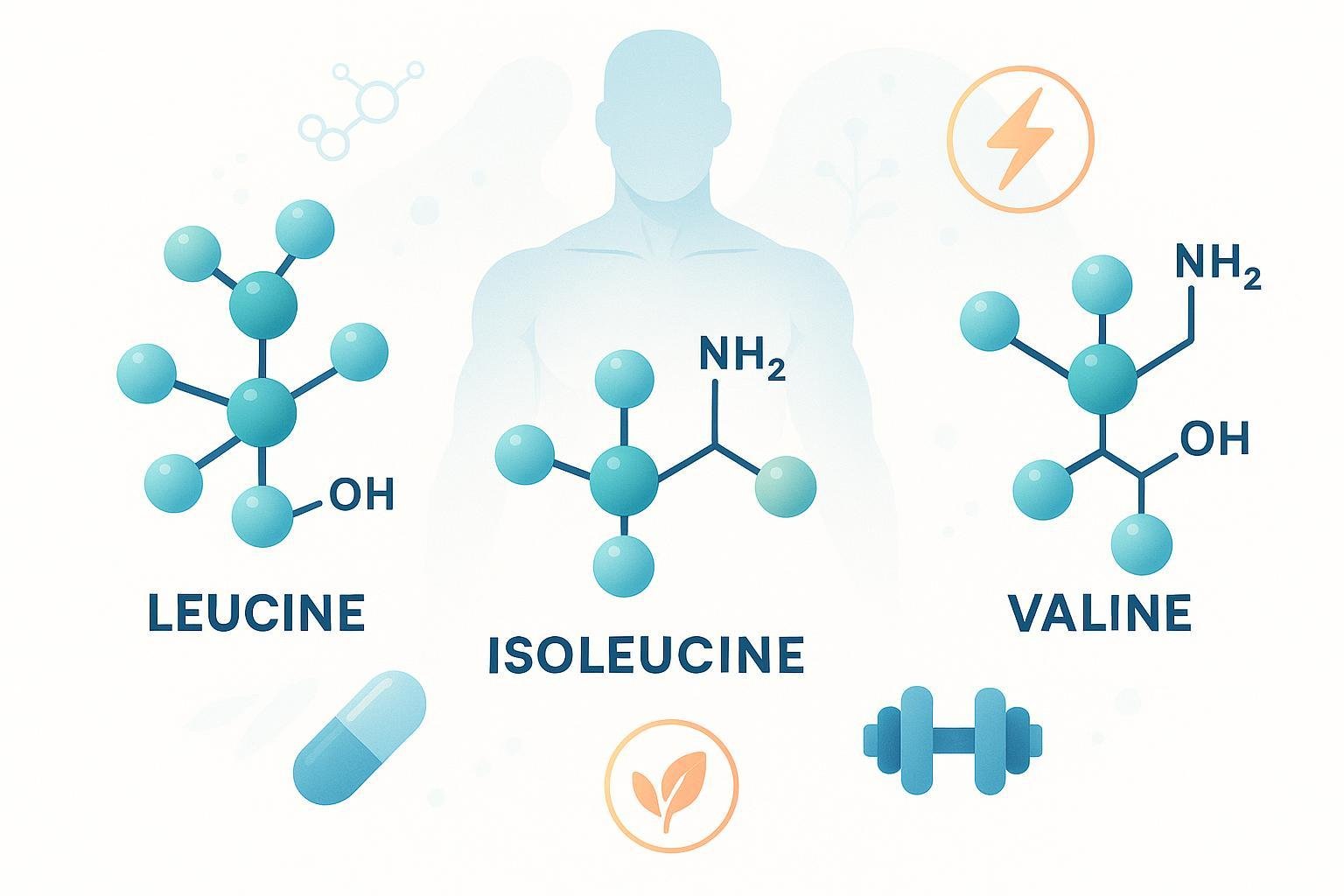 Infographic-style illustration of BCAAs (leucine, isoleucine, valine) molecules, muscular silhouettes, and supplement icons.