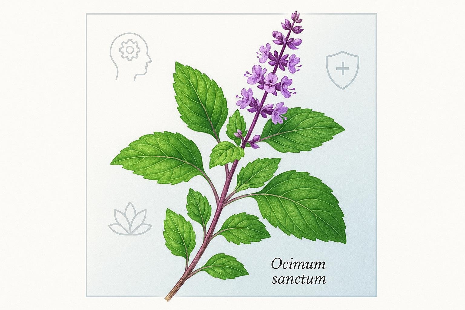 Holy Basil (Tulsi) botanical illustration with wellness icons