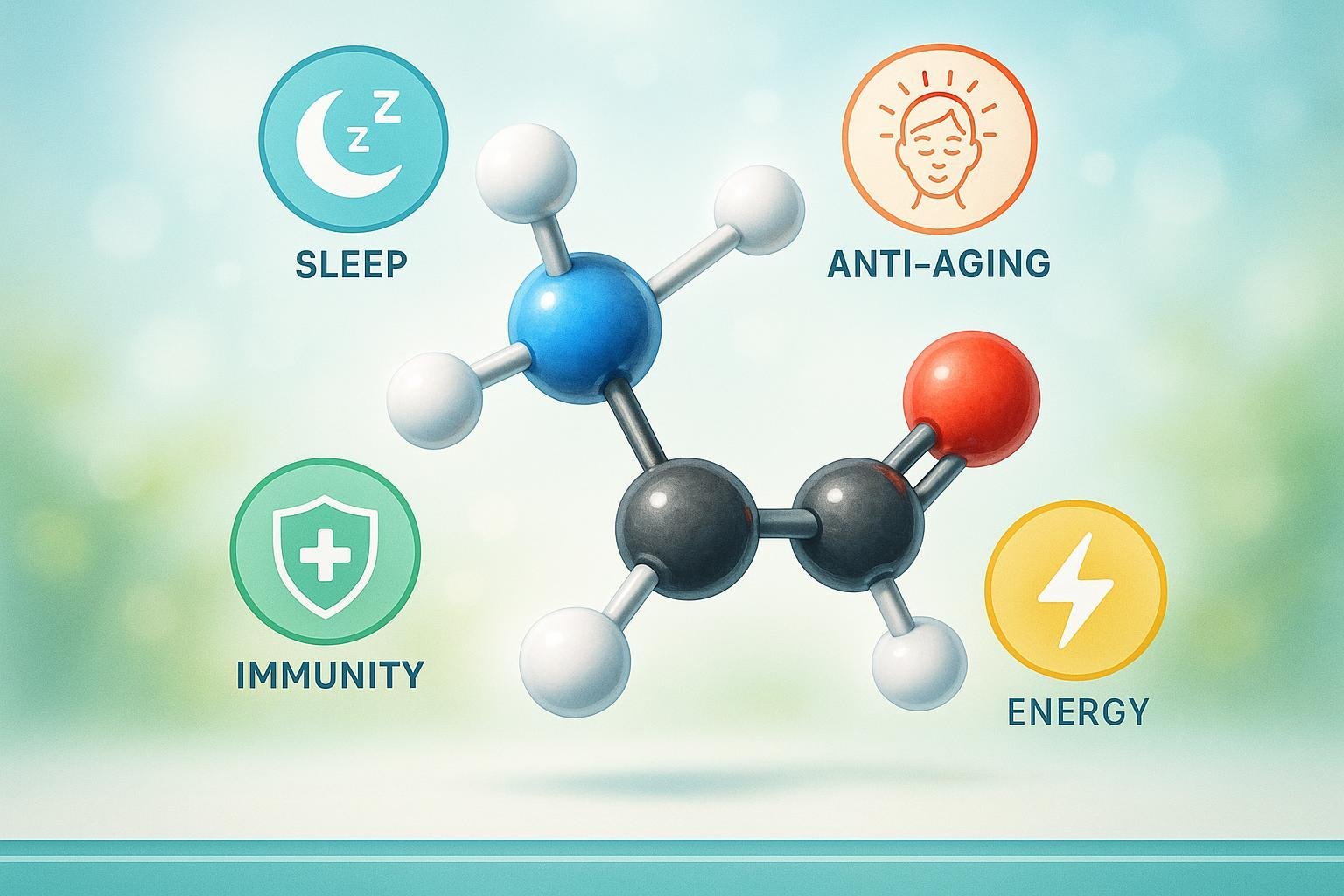 Glycine molecule and health supplement benefits—sleep, immunity, anti-aging, energy