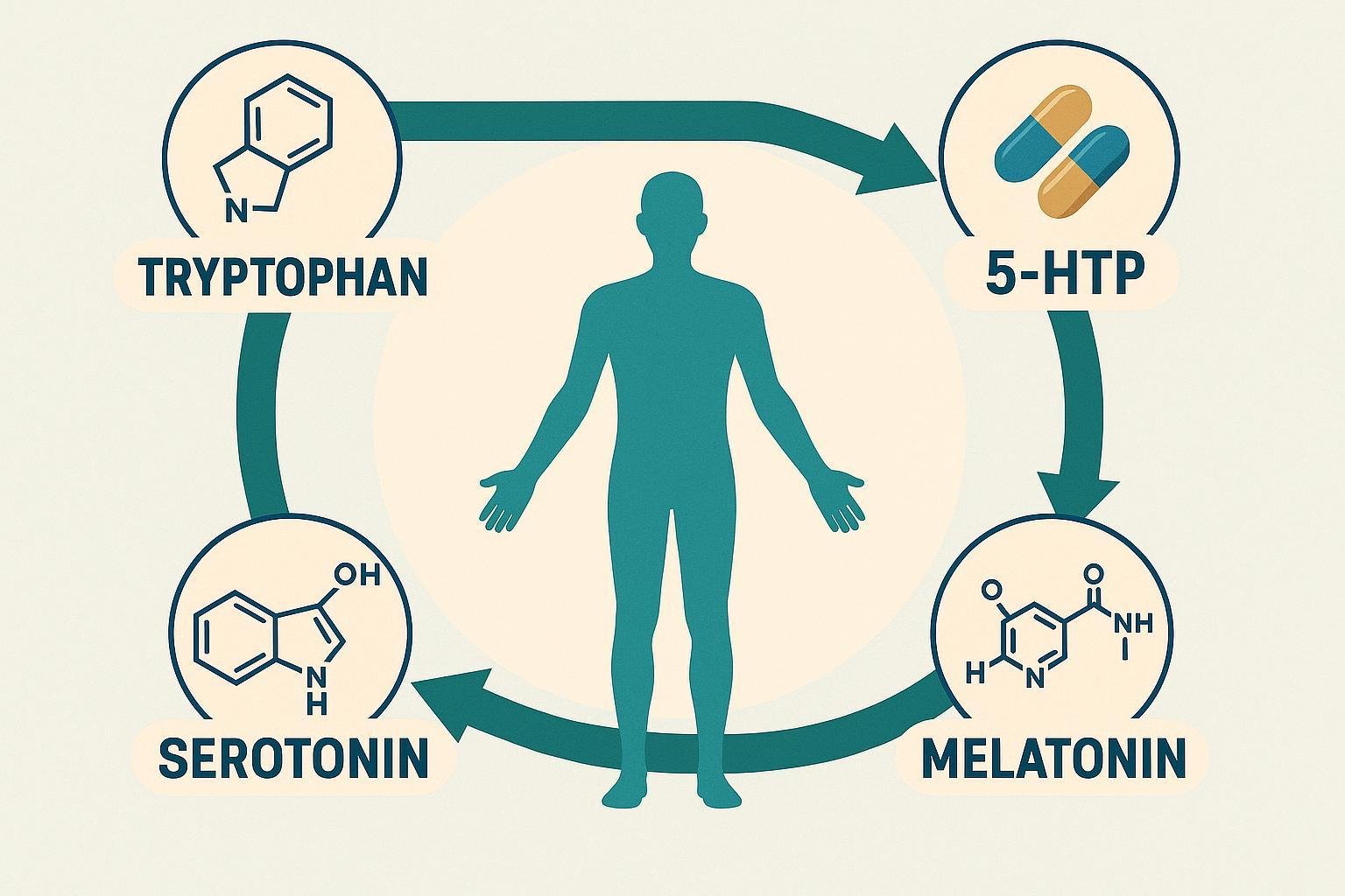 Pathway diagram: tryptophan to 5-HTP to serotonin and melatonin, wellness context.