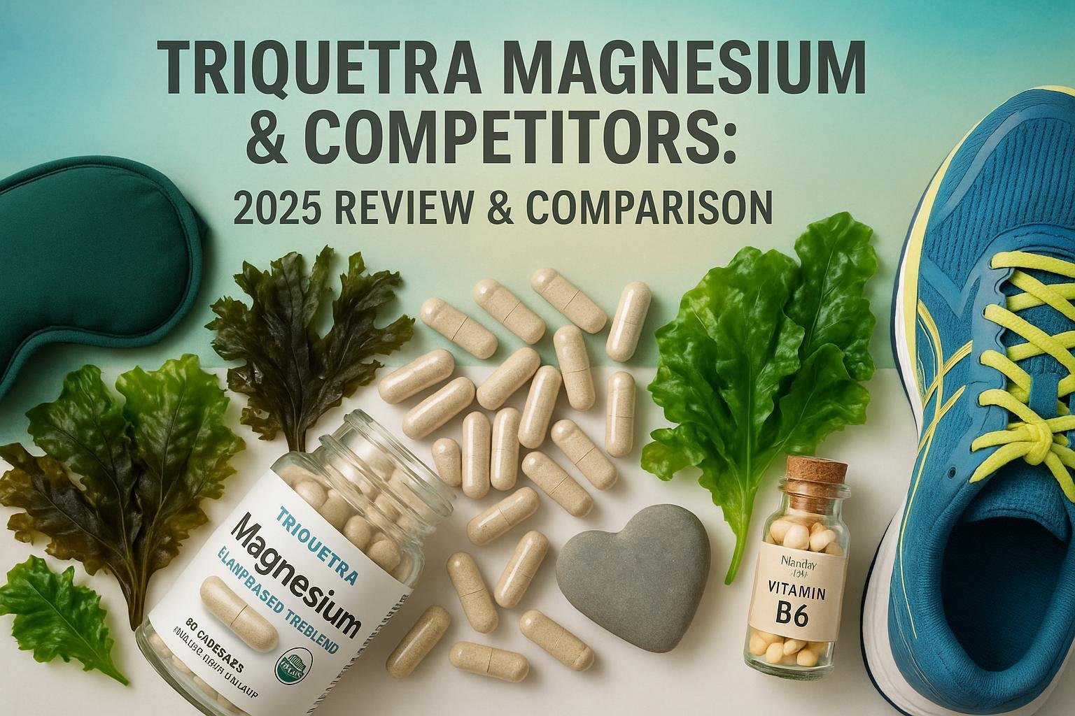 Triquetra Magnesium capsules with sea vegetables and health icons in a premium review setting