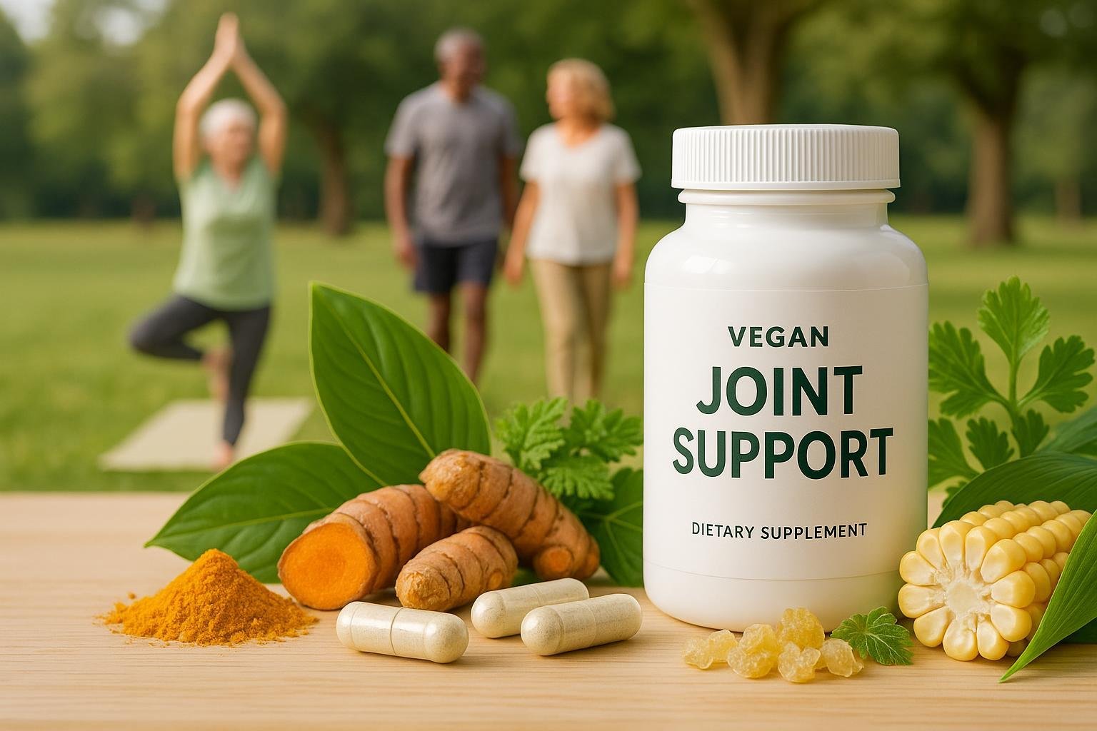Vegan joint supplement alternatives made from plant-based ingredients, shown with active adults and supplements on a wood table
