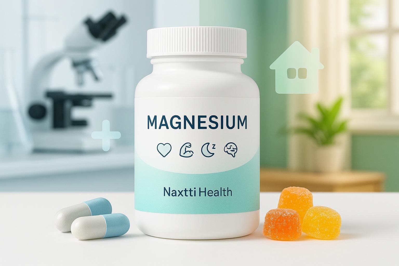 Double Wood Magnesium vs. Naxttii Health Magnesium+B6: supplement bottles, capsules, and gummies with health icons in a lively, science-meets-wellness scene.