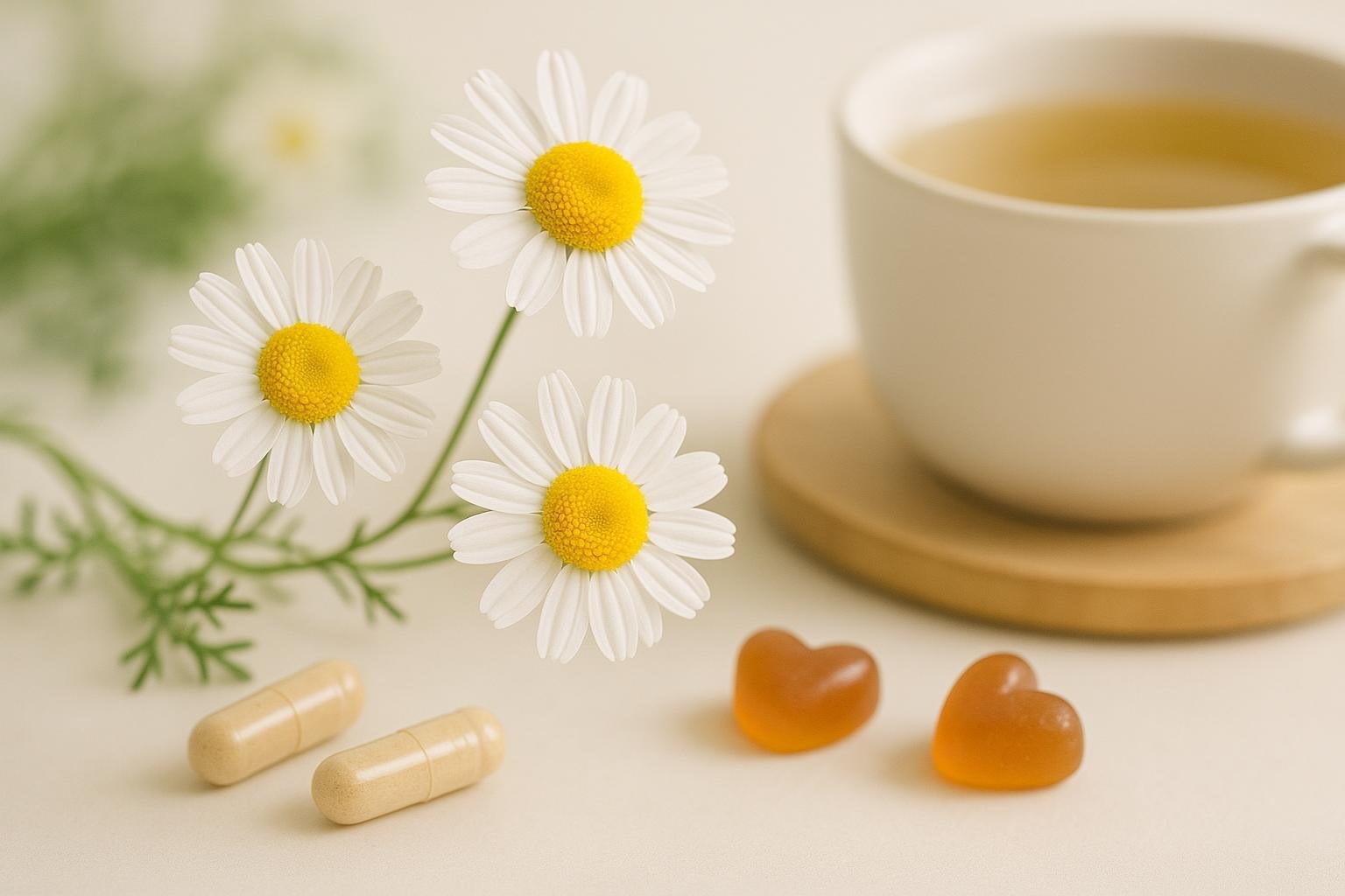 Chamomile flowers with supplement forms, calming wellness visual