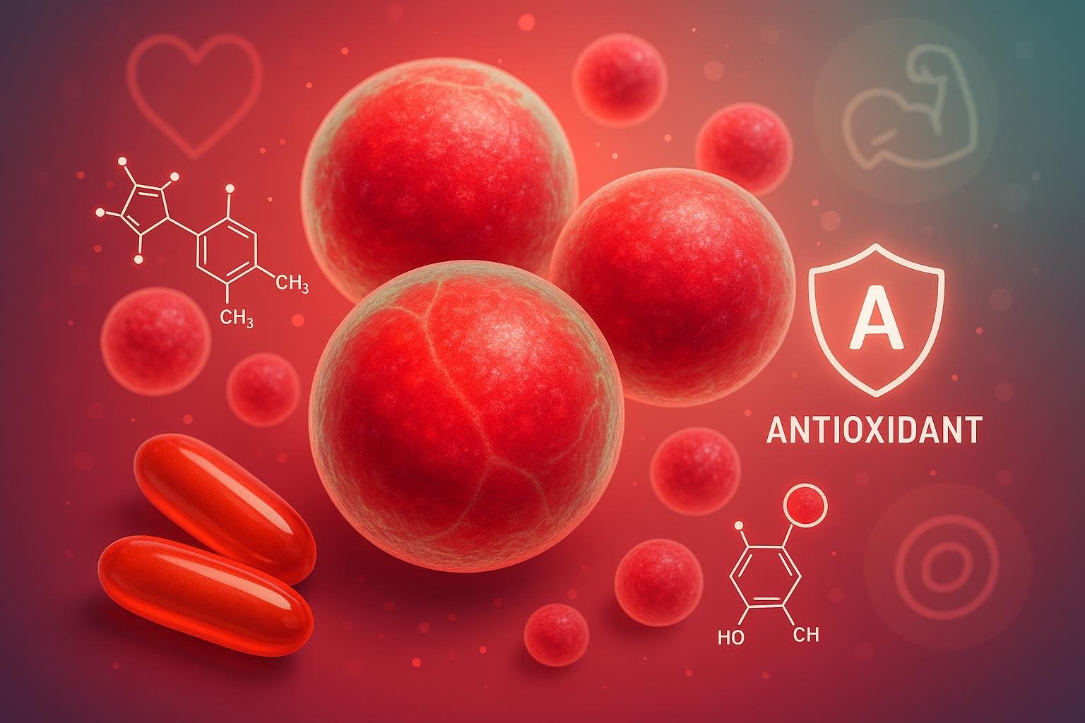 Astaxanthin-rich microalgae, molecular antioxidant motifs, and health icons for a supplement-focused Astaxanthin article cover image.