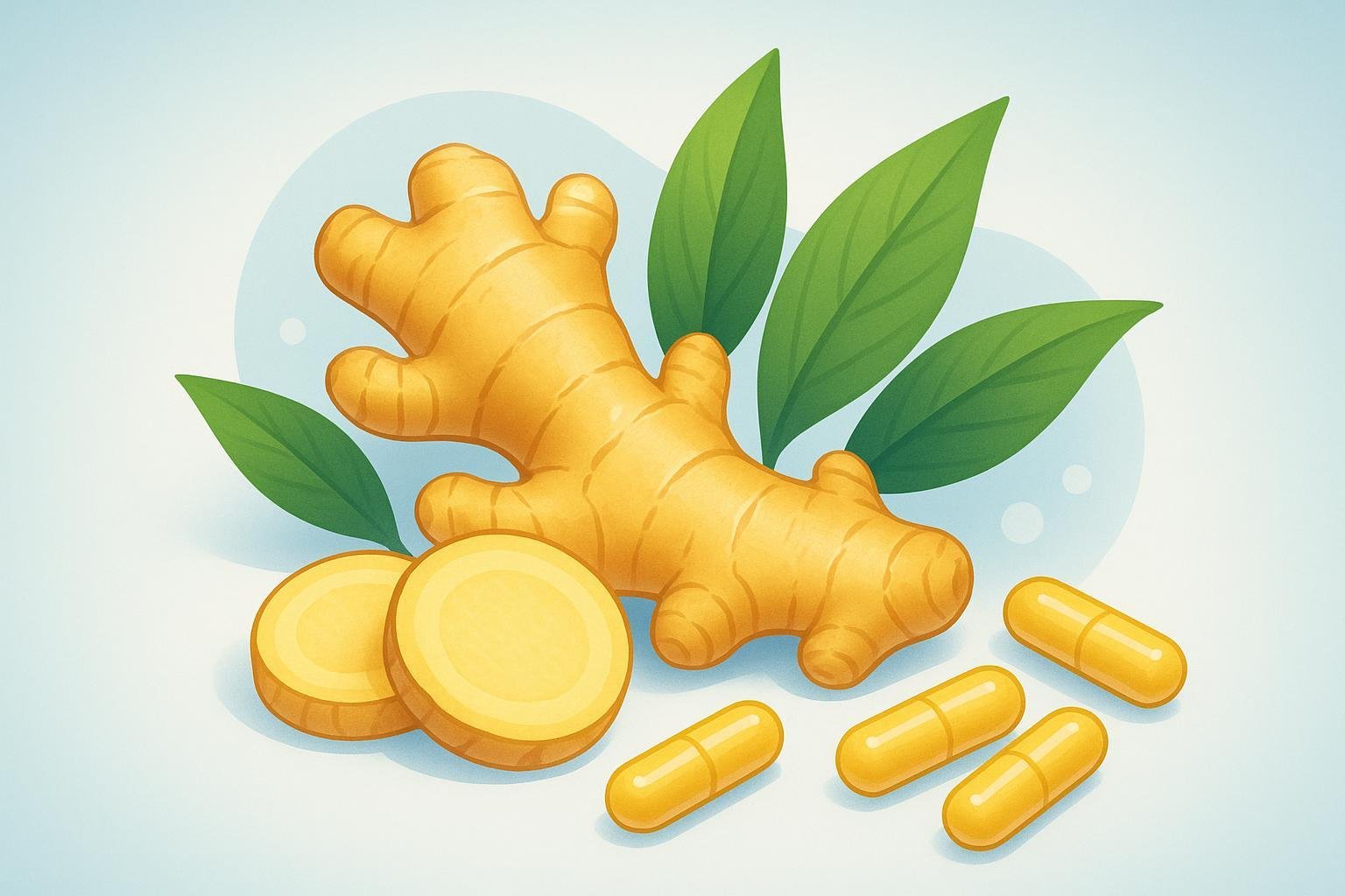 Cover image showing ginger root, supplement capsules, and leaves for Ginger health article