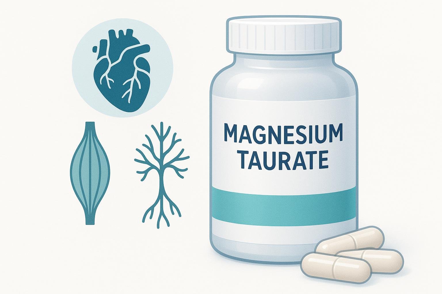 Magnesium taurate supplements with icons of heart, muscles, and nerves, in a modern health and wellness theme.